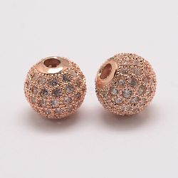 Brass Micro Pave Cubic Zirconia Beads, Round, Rose Gold, 10x9.5mm, Hole: 2mm(X-ZIRC-E110-07RG)