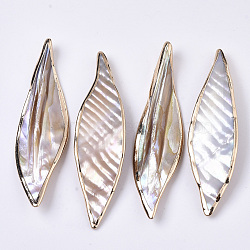 Natural Freshwater Shell Big Pendants, Edge Golden Plated, Leaf, Seashell Color, 69~73x18~19.5x5.5~7.5mm, Hole: 1.8mm(SHEL-R047-04)