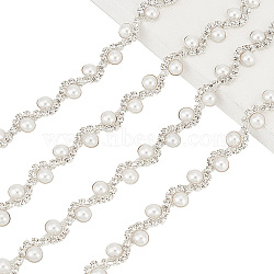 AHADERMAKER 1 Yard Crystal Rhinestone Cup Chains with Plastic Pearl Beaded, Brass Twist Wave Strass Chains, for Wedding Dress, Platinum & Silver, 12x5mm(DIY-GA0005-72)