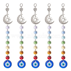 Handmade Lampwork Evil Eye Pendants Decorations, with Chakra Octagon Glass Link and Moon/Sun Alloy Pendants, Colorful, 235x37x7.5mm(HJEW-JM00943)
