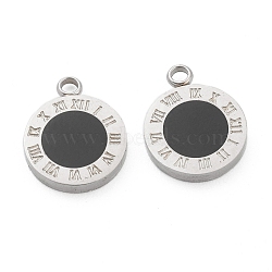 Fashion 304 Stainless Steel Enamel Charms, Flat Round with Black Roman Numerals, Stainless Steel Color, 14x11x2mm, Hole: 1.8mm(STAS-Z009-13P)