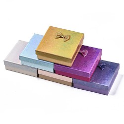 Cardboard Jewelry Boxes, for Necklaces, Ring, Earring, with Bowknot Ribbon Outside and Black Sponge Inside, Square, Mixed Color, 9.1~9.3x9.1~9.3x3.6~3.7cm(CBOX-N013-019)