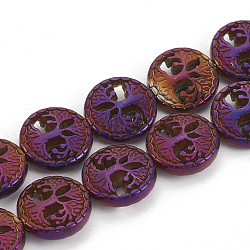 Electroplate Non-magnetic Synthetic Hematite Beads Strands, Flat Round with Tree of Life, Purple Plated, 12~12.5x4~4.5mm, Hole: 1mm, about 30pcs/strand, 14.56 inch(G-N0322-03A)