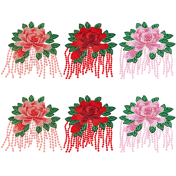 6Pcs 3 Styles Computerized Embroidery Cloth Sew on Patches, Peony Flower Appliques, Ornament Accessories, Mixed Color, 185x155~157x2.5~3.5mm, 2pcs/style