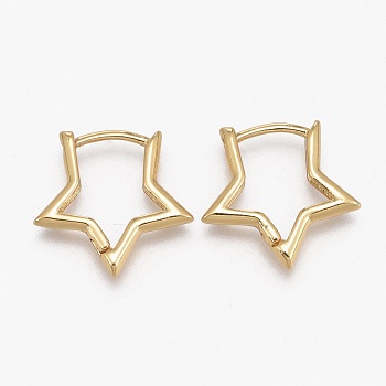 Brass Huggie Hoop Earrings, Long-Lasting Plated, Star, Real 18K Gold Plated, 15.5x16x2mm, Pin: 1mm