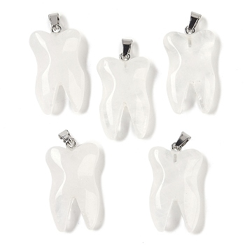 Natural Quartz Crystal Pendants, Tooth Charms with Stainless Steel Color Stainless Steel Findings, 39.5~40x19~19.5x8~8.5mm, Hole: 3.5x6.5mm