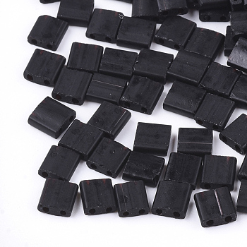 2-Hole Opaque Glass Seed Beads, Frosted, Rectangle, Black, 5x4.5~5.5x2~2.5mm, Hole: 0.5~0.8mm