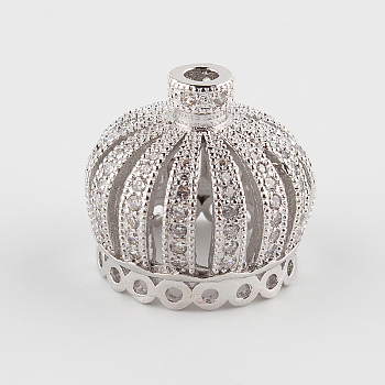 Filigree Crown Brass Micro Pave Cubic Zirconia Beads, Platinum, 18x21mm, Hole: 16mm & 3mm