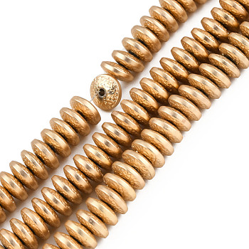 Electroplate Non-magnetic Synthetic Hematite Beads Strands, Matte Style, Bumpy, Disc, Light Gold Plated, 8x3mm, Hole: 1.4mm, about 120~122pcs/strand, 15.75 inch(40cm)