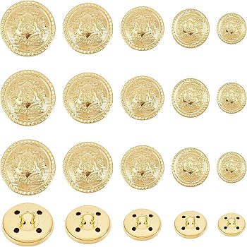 50Pcs 5 Style 4-Hole Brass Buttons, Half Round with Badge, for Sewing Crafting, Golden, 10pcs/style