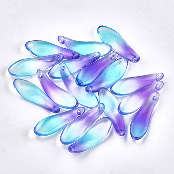 Spray Painted Glass Pendants, with Glitter Powder, Leaf, Medium Orchid, 26x8.5x3.5mm, Hole: 0.5mm