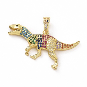 Brass Micro Pave Cubic Zirconia Pendants, Real 18K Gold Plated, Dinosaur Charms, Colorful, 25x40x4mm, Hole: 5.5x3mm