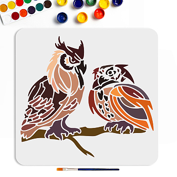 US 1Pc PET Hollow Out Drawing Painting Stencils, 1Pc Paint Bamboo Brushes, Owl, 169~300x5~300mm