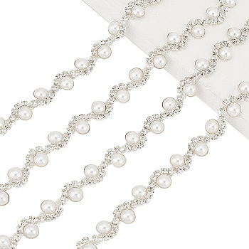 AHADERMAKER 1 Yard Crystal Rhinestone Cup Chains with Plastic Pearl Beaded, Brass Twist Wave Strass Chains, for Wedding Dress, Platinum & Silver, 12x5mm