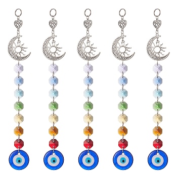 Handmade Lampwork Evil Eye Pendants Decorations, with Chakra Octagon Glass Link and Moon/Sun Alloy Pendants, Colorful, 235x37x7.5mm