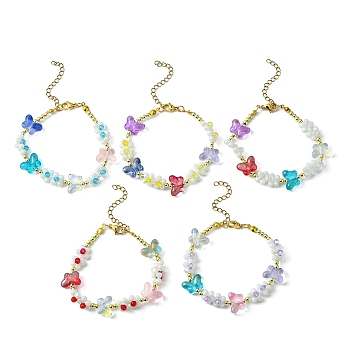 Flower & Butterfly Glass Beaded Bracelet with 304 Stainless Steel Clasps, Mixed Color, 7-3/8 inch(18.6cm)