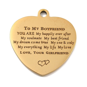 Valentine's Day PVD Vacuum Plating 201 Stainless Steel Pendants, Love Message Charms, Heart with Word Charms, Real 18K Gold Plated, 30.5x29x2mm, Hole: 3mm