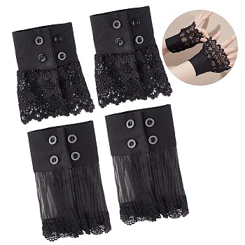 4pcs 2 Style Polyester Oversleeves, Lace Wristband, False Sleeves, Wrist Cuffs, with Plastic Button, for Women, Black, 216~218x125~145x0.7mm, 2pc/style