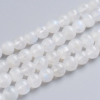 Natural Rainbow Moonstone Beads Strands, Grade AA, Round, White, 6mm, Hole: 1mm, about 62pcs/strand, 15.5 inch