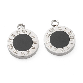 Fashion 304 Stainless Steel Enamel Charms, Flat Round with Black Roman Numerals, Stainless Steel Color, 14x11x2mm, Hole: 1.8mm