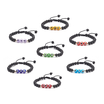 7Pcs 7 Color Natural Lava Rock & Lampwork Evil Eye Braided Bead Bracelets Set, Essential Oil Gemstone Stackable Bracelets for Women, Mixed Color, Inner Diameter: 2-1/8~3-3/8 inch(5.3~8.6cm), 1Pc/color