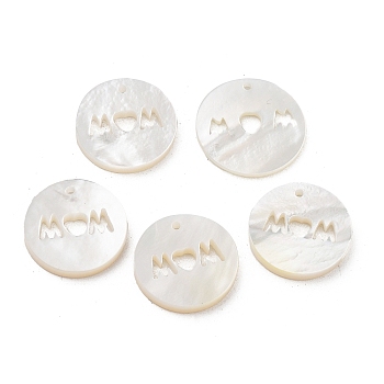 Natural White Shell Pendants, Flat Round Charms with Word Mom, for Mother's Day, 15~16x1.4~1.8mm, Hole: 1mm