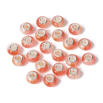 Rondelle Resin European Beads, Large Hole Beads, Imitation Stones, with Silver Tone Brass Double Cores, Coral, 13.5x8mm, Hole: 5mm