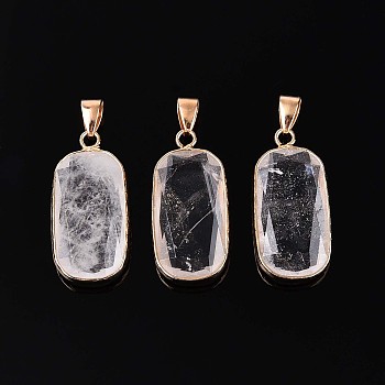 Natural Quartz Crystal Pendants, Rock Crystal Faceted Rectangle Gems Charms, with with Brass Findings, Golden, 30.5~31.5x14.5~15.5x5.5~6.5mm, Hole: 7x4mm