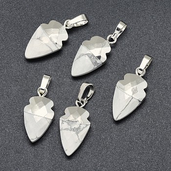Natural Howlite Pendants, with Long-Lasting Plated Brass Findings, Faceted, Arrowhead, Silver Color Plated, 18.5x8~10x5mm, Hole: 3.5x5.5mm