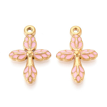 304 Stainless Steel Enamel Pendants, Cross Charms, Ion Plating(IP), Real 18K Gold Plated, Pink, 25.5x17x3.5mm, Hole: 1.6mm