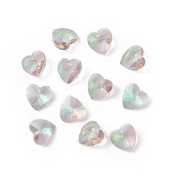 Transparent Faceted Glass Charms, Heart, Lawn Green, 14x14x7.5mm, Hole: 1.6mm