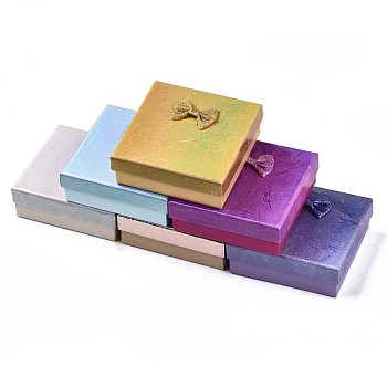 Cardboard Jewelry Boxes, for Necklaces, Ring, Earring, with Bowknot Ribbon Outside and Black Sponge Inside, Square, Mixed Color, 9.1~9.3x9.1~9.3x3.6~3.7cm