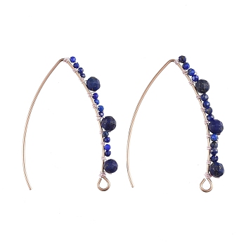 304 Stainless Steel Earring Hooks, Ear Wire, with Natural Lapis Lazuli Beads and Horizontal Loop, 42mm, 21 Gauge, Pin: 0.7mm