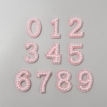 10Pcs Number 0~9 Hotfix Rhinestone, with Plastic Imitation Pearl and Rhinestone Trimming, Crystal Glass Sewing Trim Rhinestone Tape, Pink, 46.5x19.5x6mm