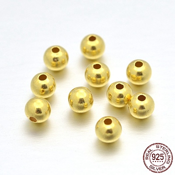 925 Sterling Silver Round Beads, Real 24K Gold Plated, 4mm, Hole: 1~1.3mm, about 160pcs/20g
