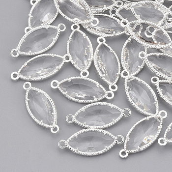Glass Links, with Silver Color Plated Eco-Friendly Alloy Findings, Faceted, Horse Eye, Clear, 21x9x4mm, Hole: 1.2mm
