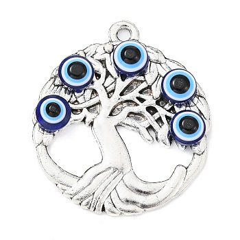 Tibetan Style Alloy Pendants, Tree of Life with Resin Evil Eye Charms, Antique Silver, Flat Round, 34x30x4.5mm, Hole: 2.5mm