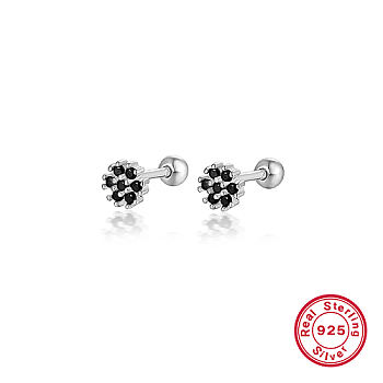 Rhodium Plated Platinum 925 Sterling Silver Flower Stud Earrings, with Cubic Zirconia, Black, 5mm