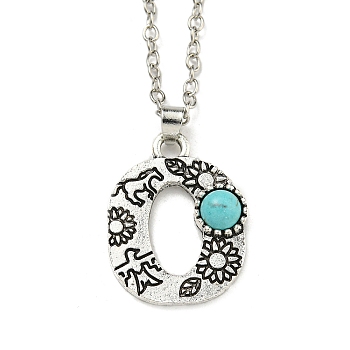 Letter A~Z Antique Silver Plated Alloy with Synthetic Turquoise Pendant Necklaces, with Iron Cable Chains, Letter O, 18.70 inch(475mm), Letter O: 26x20mm
