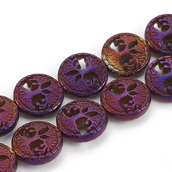 Electroplate Non-magnetic Synthetic Hematite Beads Strands, Flat Round with Tree of Life, Purple Plated, 12~12.5x4~4.5mm, Hole: 1mm, about 30pcs/strand, 14.56 inch