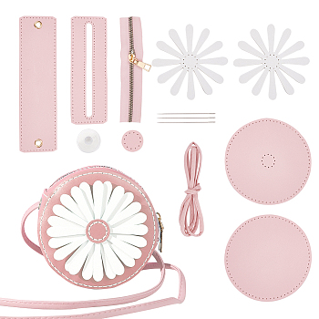 DIY Sew on PU Leather Daisy Flower Pattern Round Multi-Use Crossbody/Shoulder Bag Making Kits, including Fabric, Needle, Thread, Zipper, Pink, 13pcs/set