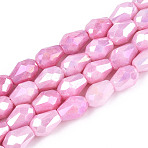 Anti-Tarnish Electroplate Glass Beads Strands, Imitation Gemstone, Teardrop, AB Color Plated, Faceted, Two Tone, Hot Pink, 8~8.5x6mm, Hole: 1mm, about 45~46pcs/strand, 14.57~14.96''(37~38cm)(X-GLAA-T025-13A-06)