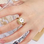 Adjustable 304 Stainless Steel Cuff Open Rings, Flower with Leaf, with Resin, Golden, US Size 7 1/4(17.5mm)(RJEW-D352-01G)