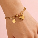 Heart & Flat Round 304 Stainless Steel Charm Bracelets, Papeclip Chain Bracelets for Women, Golden, 7.09 inch(18cm)(SA-B005-03G)