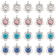 DICOSMETIC 40Pcs 4 Colors 304 Stainless Steel Rhinestone Flower Charm Pendants, Grade A, Faceted, Mixed Color, 9x7x4mm, Hole: 1mm, 10pcs/color(STAS-DC0011-41)