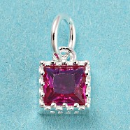 925 Sterling Silver Charms, with Cubic Zirconia, Faceted Square, Silver, Medium Violet Red, 7x5x3mm, Hole: 3mm(STER-G035-01A-01)