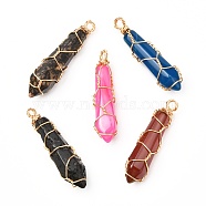 Natural Mixed Gemstone Pendants, with Real 18K Gold Plated Eco-Friendly Copper Wire, Bullet, 37~39x9~10x9~10mm, Hole: 3mm(PALLOY-JF01016)