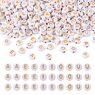 500Pcs 5 Style Plating Acrylic Beads, Golden Metal Enlaced, Flat Round with Alphabet, White, White, 7x3.5mm, Hole: 1.2mm, 100pcs/style(PACR-BY0001-01)