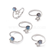 Natural Labradorite Cuff Rings, Platinum Tone Brass Jewelry for Women, Round with Star, 2~7.5mm, Inner Diameter: 18mm(RJEW-G273-05P-01)