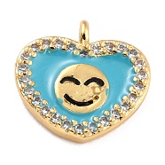Golden Plated Brass Micro Pave Clear Cubic Zirconia Charms, with Enamel, Long-Lasting Plated, Heart with Smile Face, Dark Turquoise, 11x11.5x2.5mm, Hole: 1.2mm(ZIRC-L097-034B-G)
